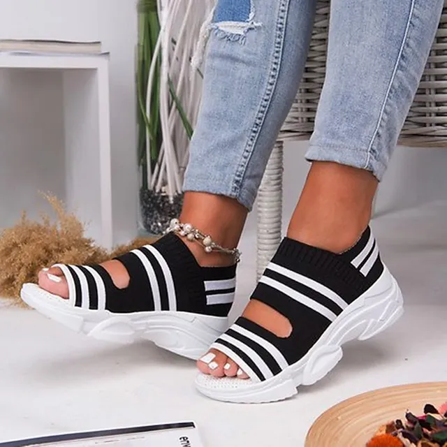 Women's Sandals Wedge Sandals Platform Sandals Plus Size Outdoor Daily Wedge Heel Open Toe Sporty Casual Preppy Tissage Volant Loafer Striped Black Yellow Blue