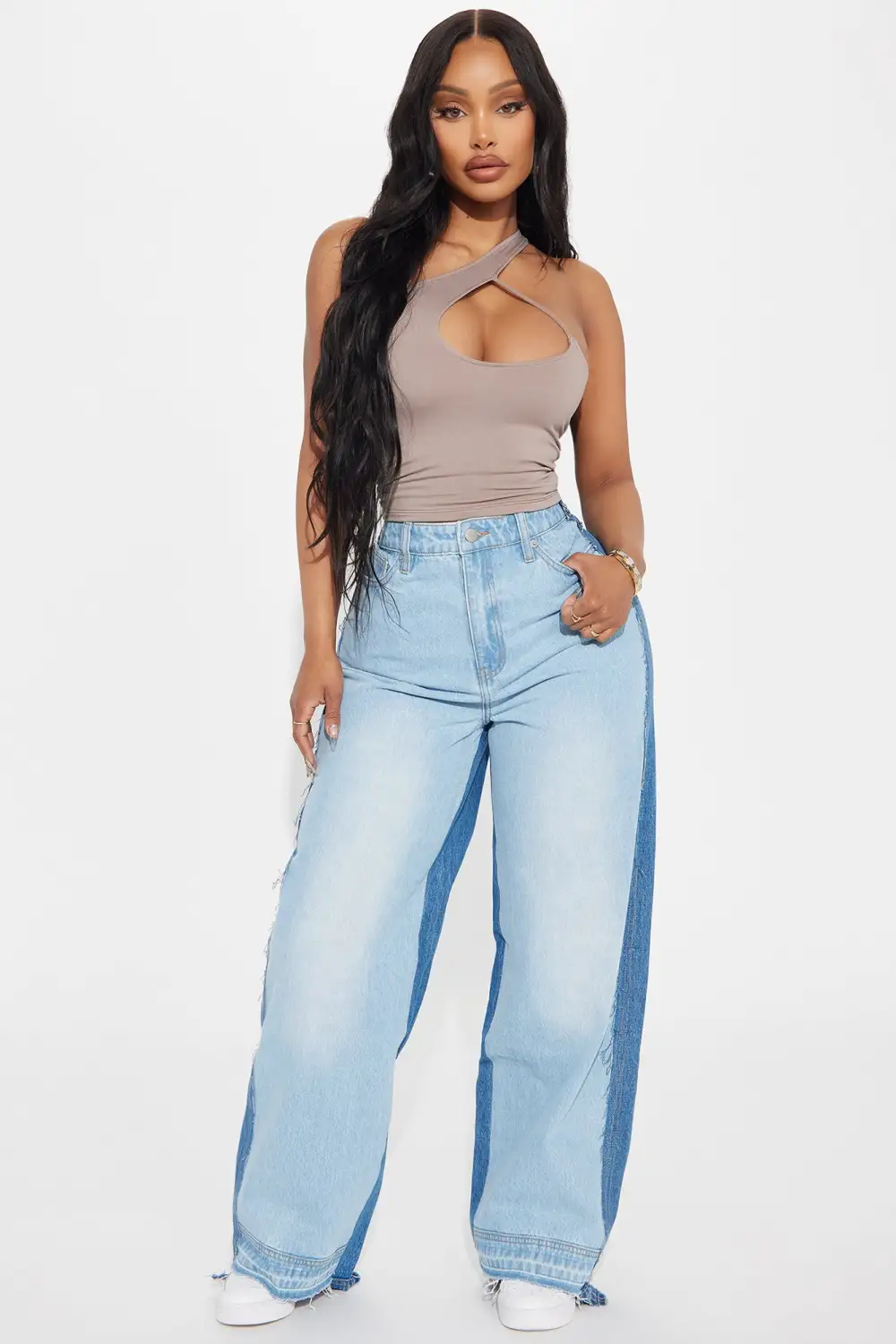 Mixed Feelings Two Tone Baggy Jeans - Light Wash