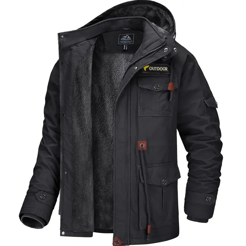 Men's Winter Coat Jacket Fleece Lined Parka Cotton Cargo Jacket Menswear Tops Long Sleeve Warm Thermal Hoodie