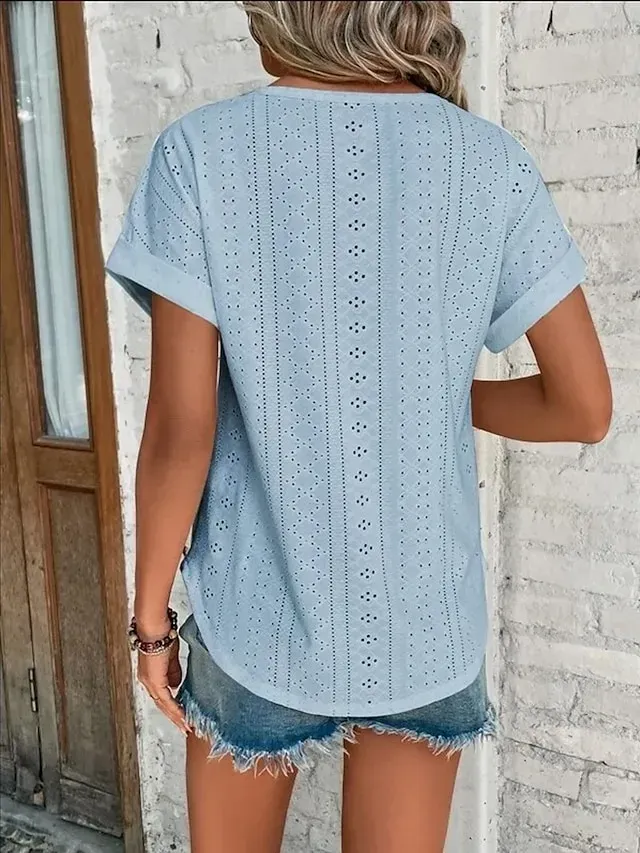 Women's T shirt Tee White Eyelet Tops Light Blue Black White Plain Cut Out Short Sleeve Daily Weekend Basic Round Neck Regular Cotton S