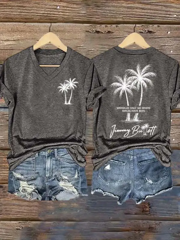 V Neck Retro Wrinkles Only Go Where Smiles Have Been Print T-Shirt