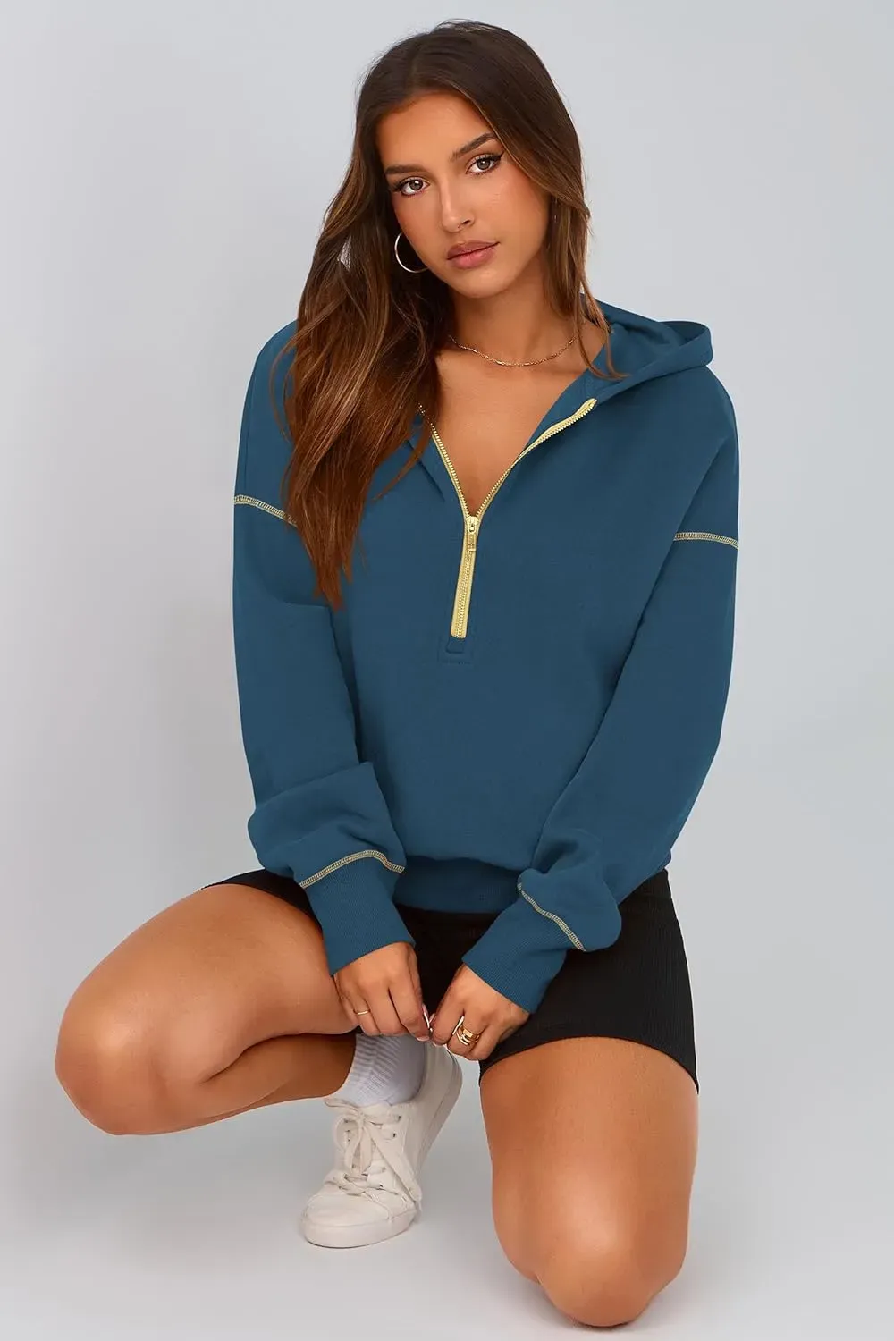 Women's Hooded Sweatshirts Long Sleeve Half Zip Cropped Hoodie Pullover Winter Fashion Clothes