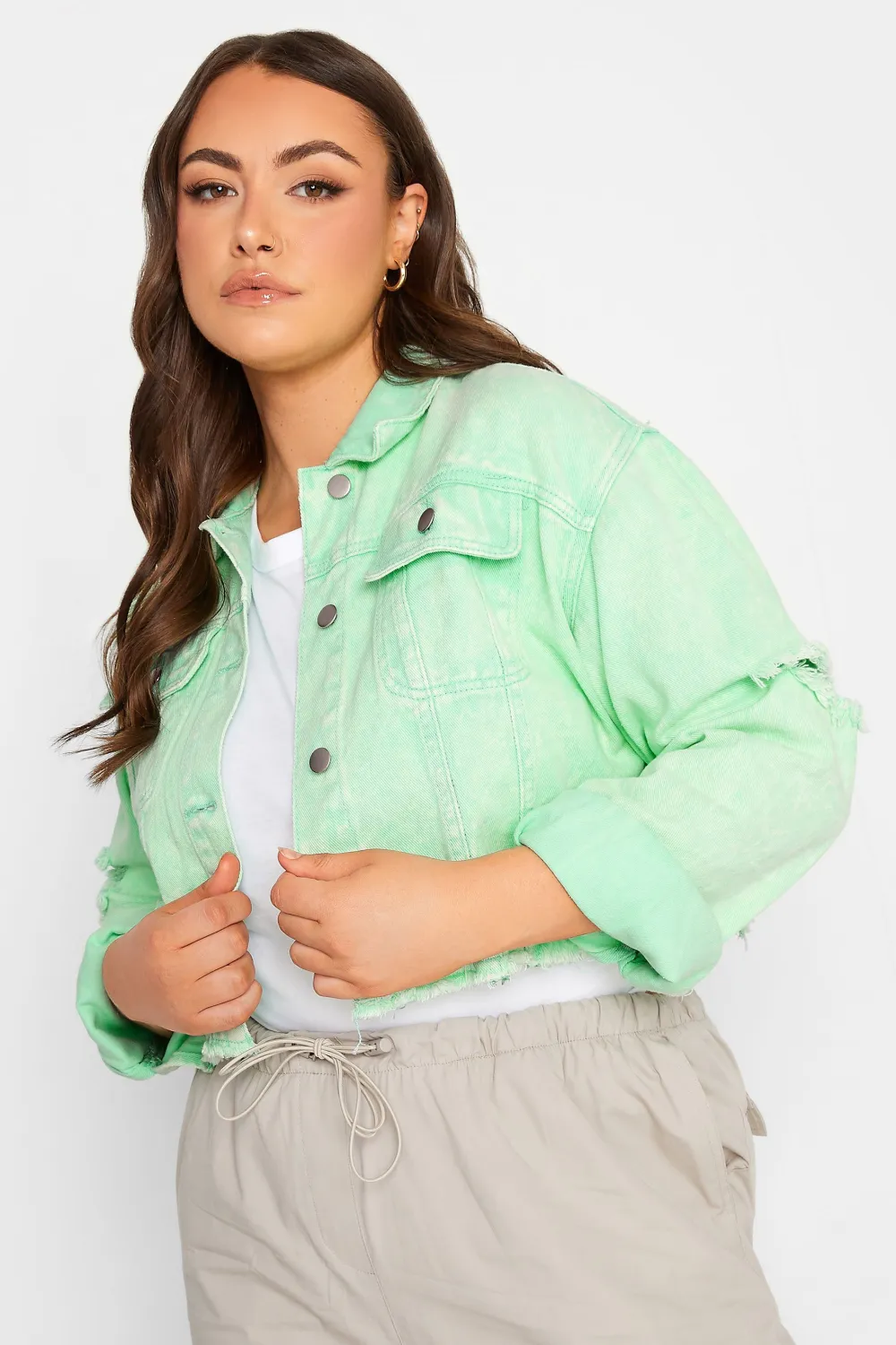 YOURS Curve Mint Green Cropped Distressed Denim Jacket