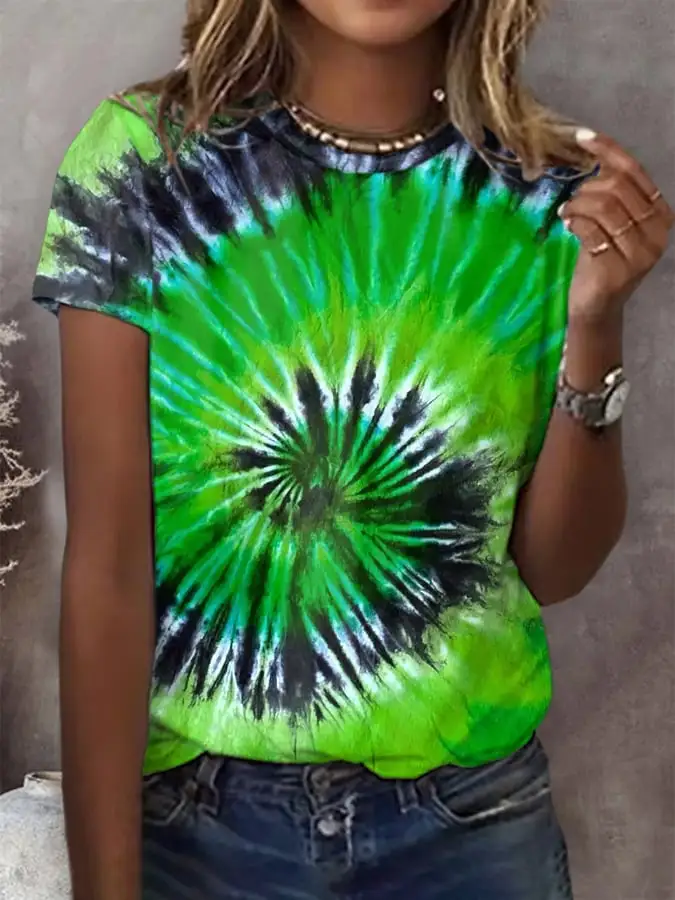 Women's Retro St. Patrick's Day Tie Dye Print Short Sleeve Casual T-Shirt