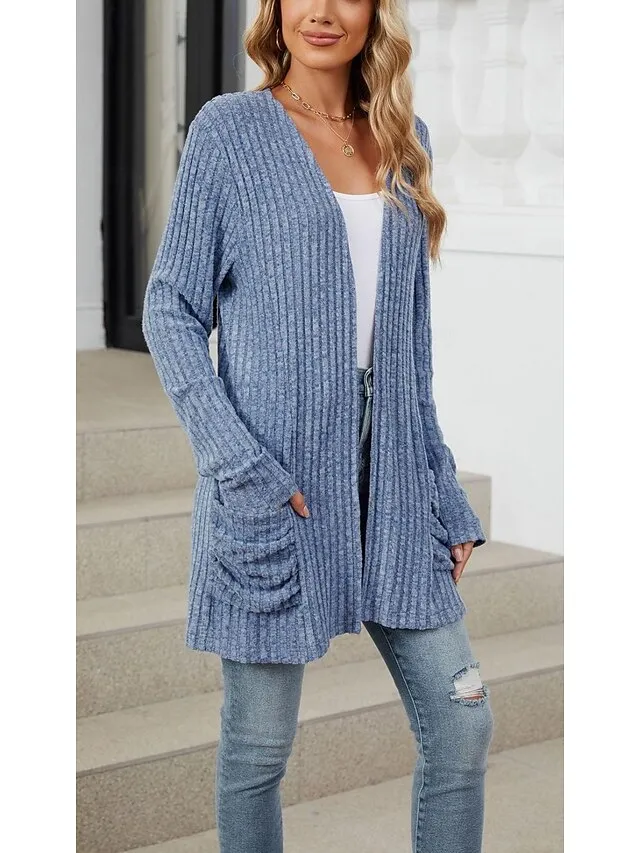 Women's Cardigan Open Front Ribbed Knit Pocket Spring Fall Work Daily Elegant Casual Long Sleeve Solid Color Black Army Green