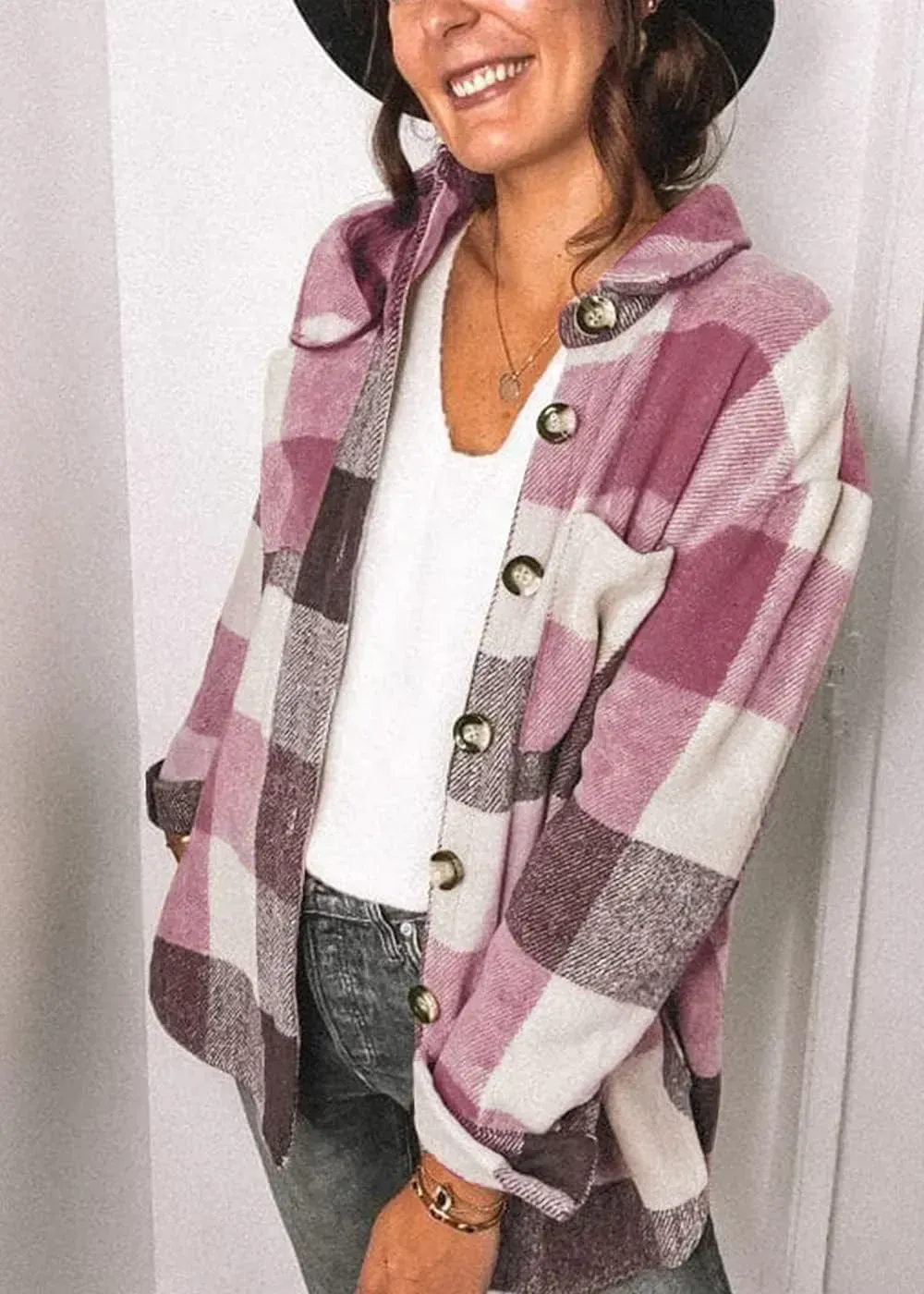 Women's 2023 Fall Clothes Plaid Shacket Jacket Long Sleeve Button Down Flannel Shirts Fashion Blouse
