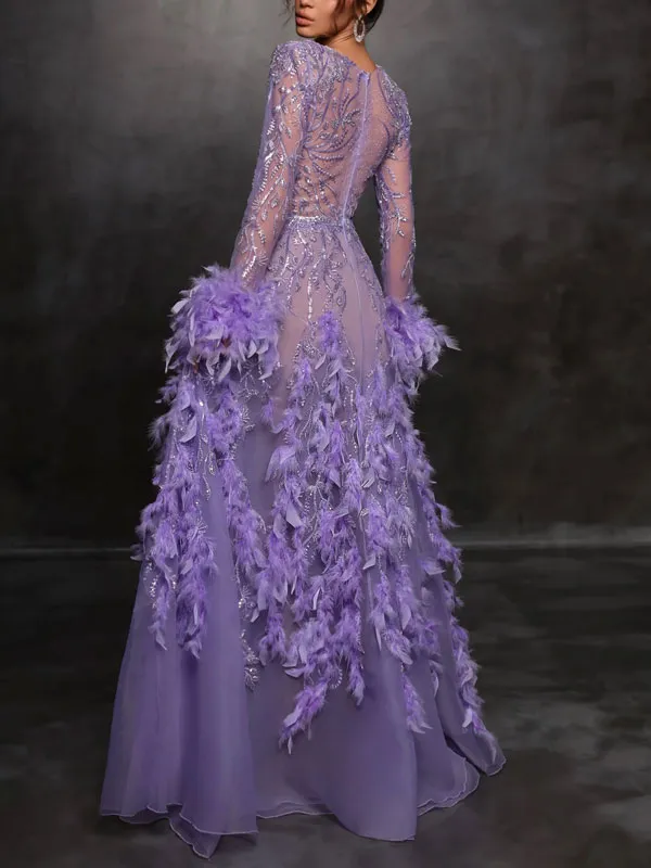 sexy v-neck temperament feather delicate ladies dress