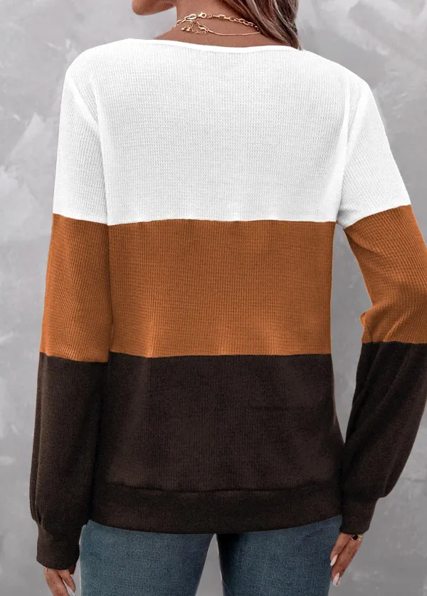 Dark Coffee Patchwork Long Sleeve V Neck Sweatshirt