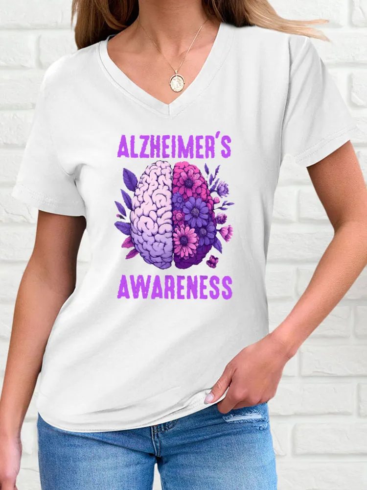 Women'S V-Neck Short-Sleeved T-Shirt Alzheimer'S Awareness Sunflower Prints