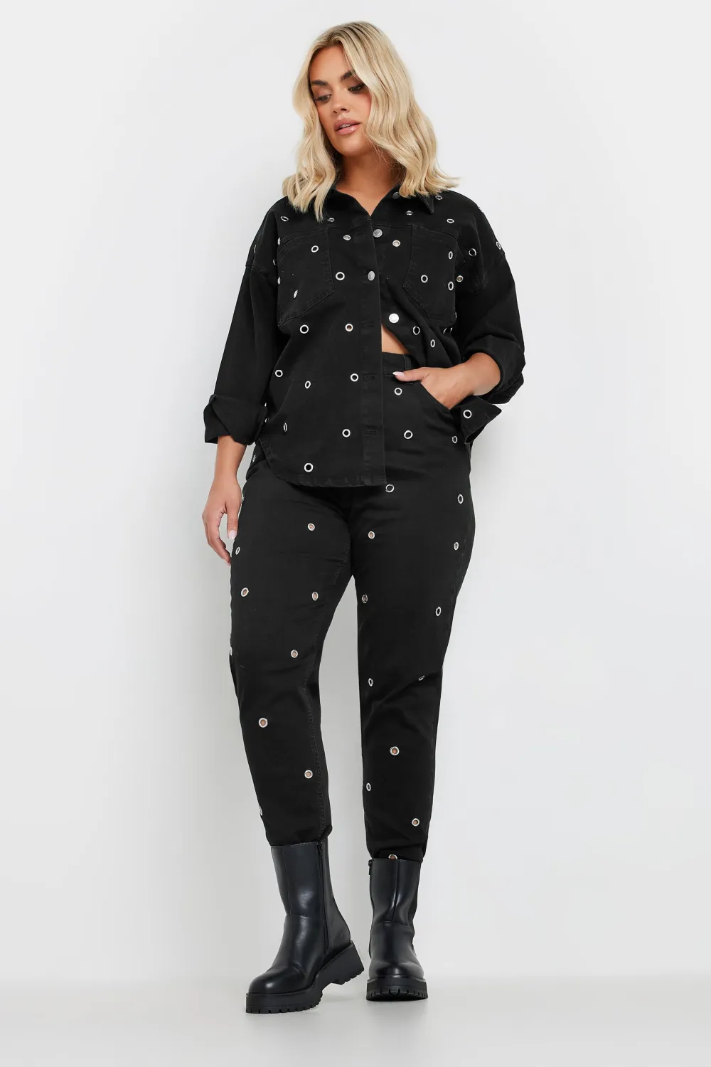 YOURS Curve Black Eyelet Detail Mom Jeans