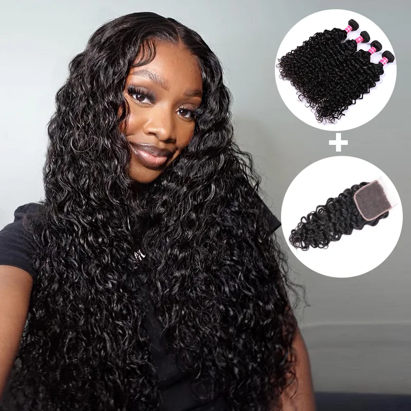 Sterly Water Wave Bundles With 5x5 Lace Closure Human Hair 3/4 PCS Bundles With Closure