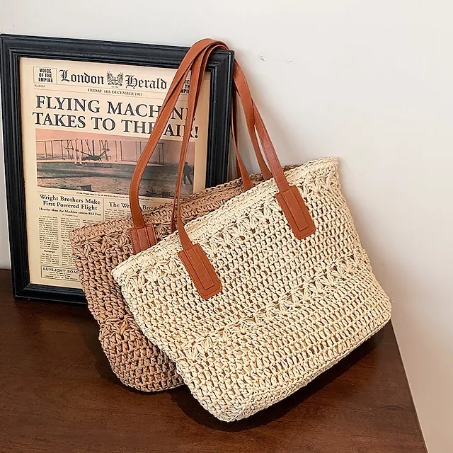 Women's Top Handle Bag Straw Bag Shoulder Bag Straw Outdoor Daily Zipper Solid Color Khaki Beige