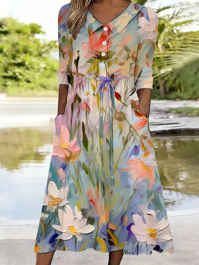 Women's Vintage Floral Design Lace Up Pocket Dress