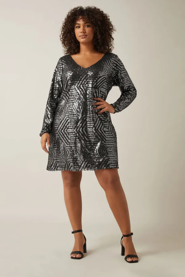 Evans Black & Silver Sequin Geometric Mini Dress
