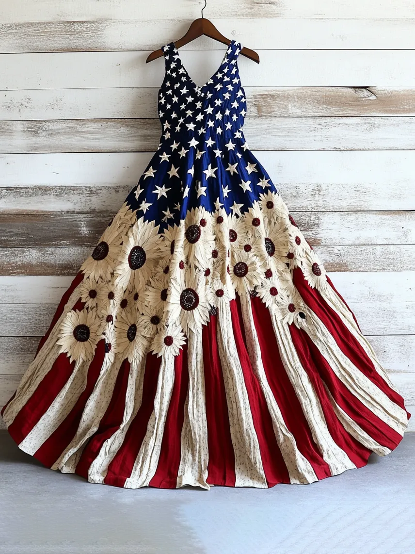 Women's Vintage Independence Day Flag Sunflower Art Linen Midi Dress
