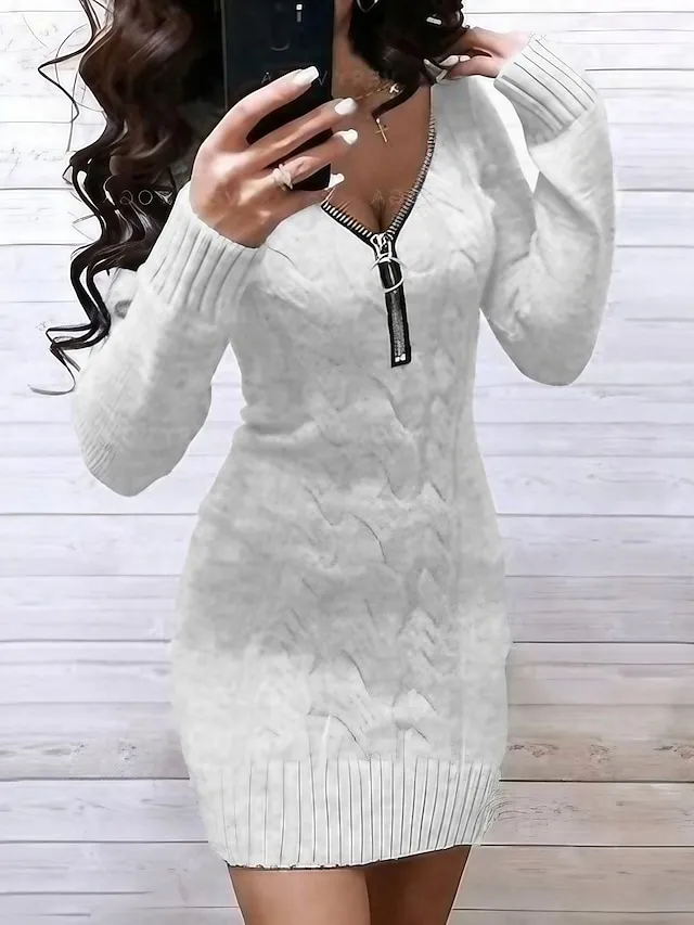 Women‘s Sweater Dress Winter Dress Wine Red Denim Blue Black gray Green Pink Light Gray Light Blue Grey White Long Sleeve Pure Color Jacquard Winter Fall V Neck Casual 2022 S M L XL XXL XXXL