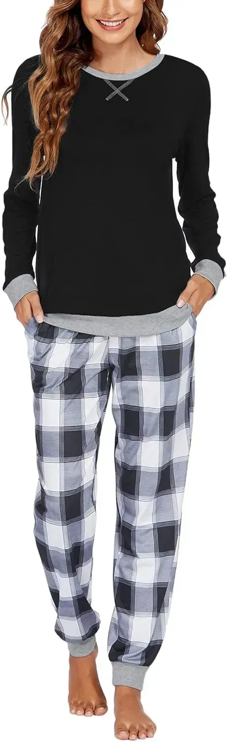 Women's Pajamas Sets Long Sleeve with Plaid Pants Soft Sleepwear O Neck 2 Piece Pjs Joggers Loung Set with Pockets