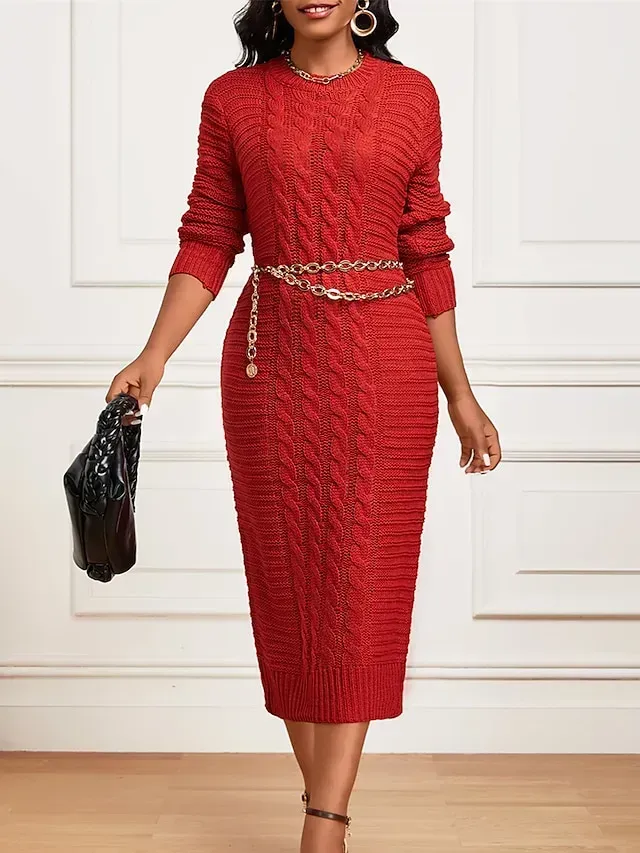 Women's Sweater Dress Crew Neck Ribbed Knit Polyester Knitted Fall Winter Long Outdoor Daily Going out Stylish Casual Soft Long Sleeve Pure Color Black Yellow Wine S M L