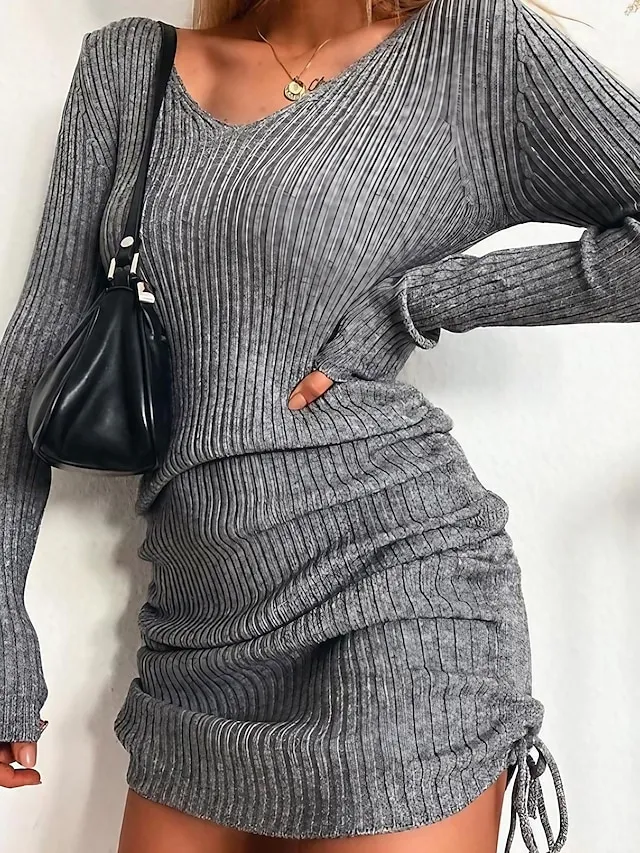 Women's Sweater Dress Winter Dress Sheath Dress Mini Dress Casual Pure Color Winter Dress Daily Holiday Vacation V Neck Long Sleeve Ruched 2023 Slim Black Pink Wine S M L XL XXL 3XL