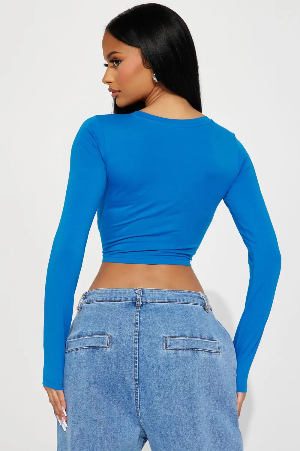 Carly V Neck Crop Long Sleeve Tee - Cobalt