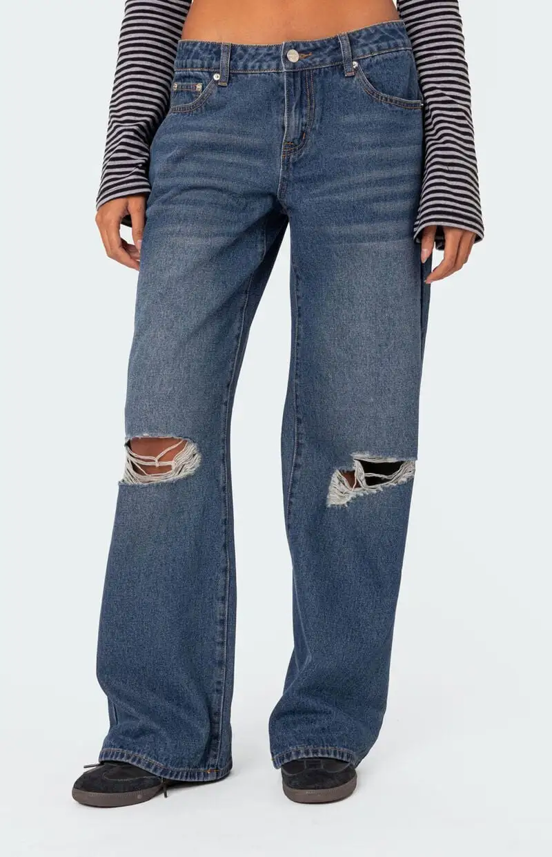 Edikted Debbie Distressed Low Rise Baggy Jeans