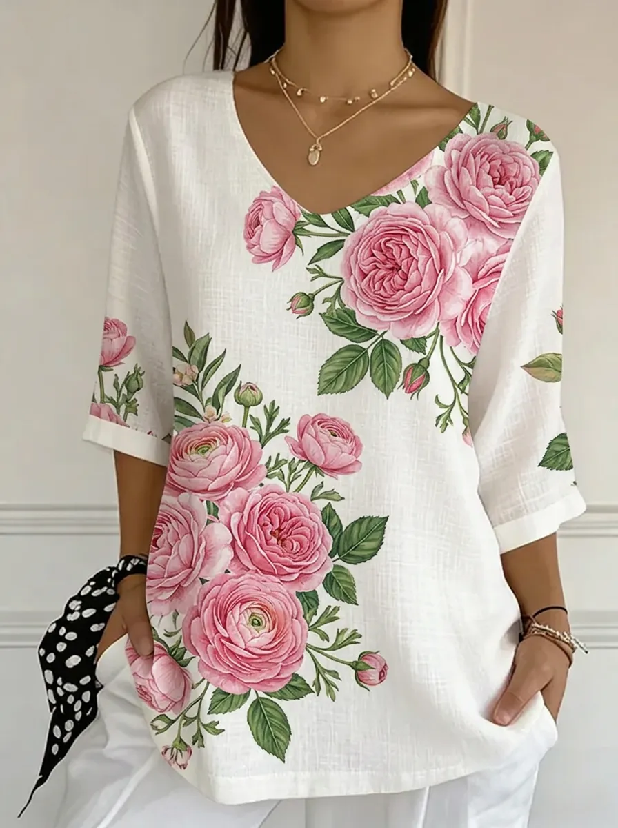 Women's Nashville Floral Rose Printed V-neck Top
