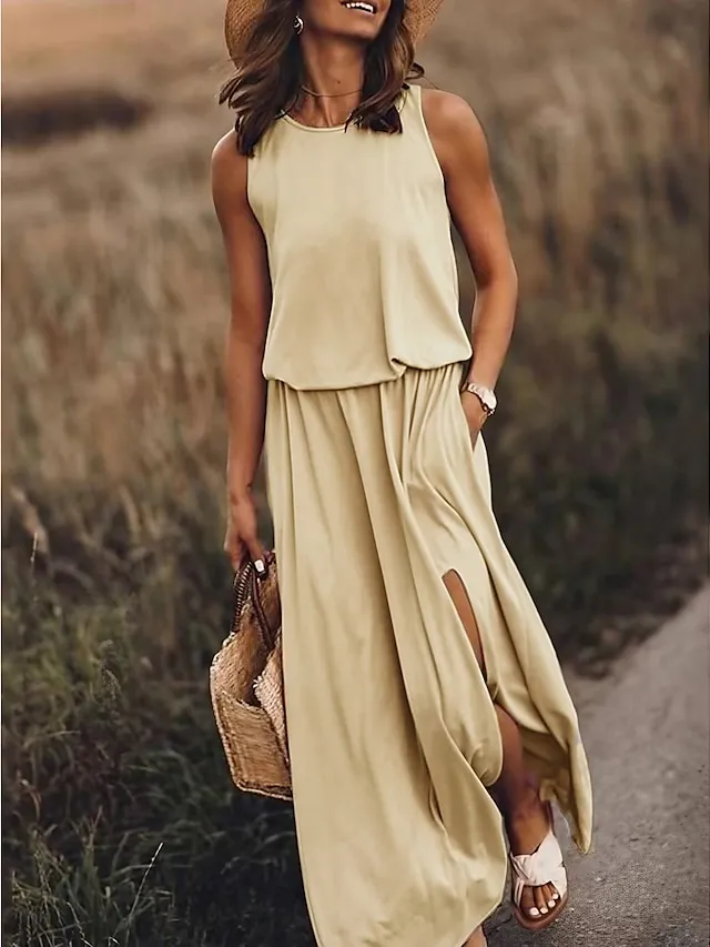 Women's Shift Dress Long Dress Maxi Dress Green Sleeveless Pure Color Split Spring Summer Crew Neck Modern Regular Fit 2023 S M L XL 2XL 3XL 4XL 5XL