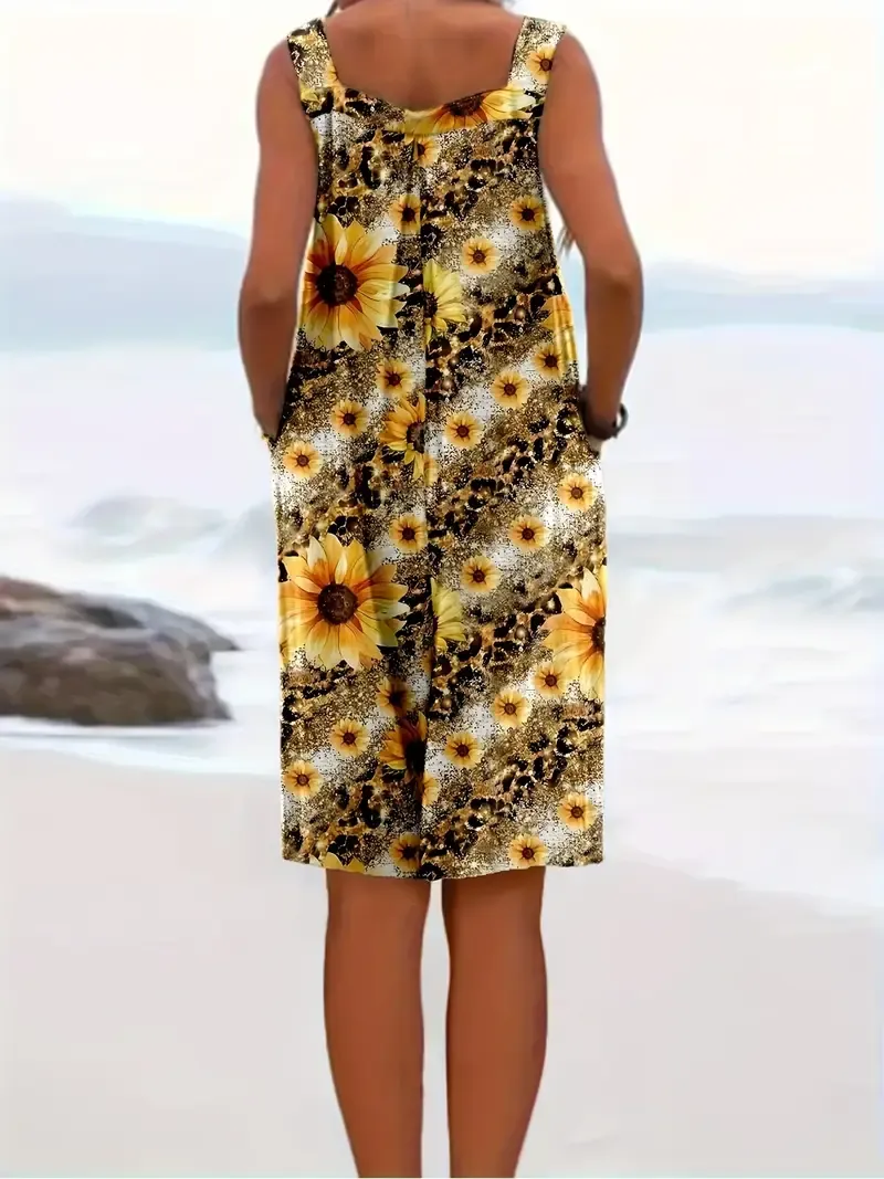 Chic Sunflower Print Sleeveless Romper for Women - Casual Polyester & Spandex Blend, Machine Washable, Adjustable Straps, Knee-Length Jumpsuit with Pockets
