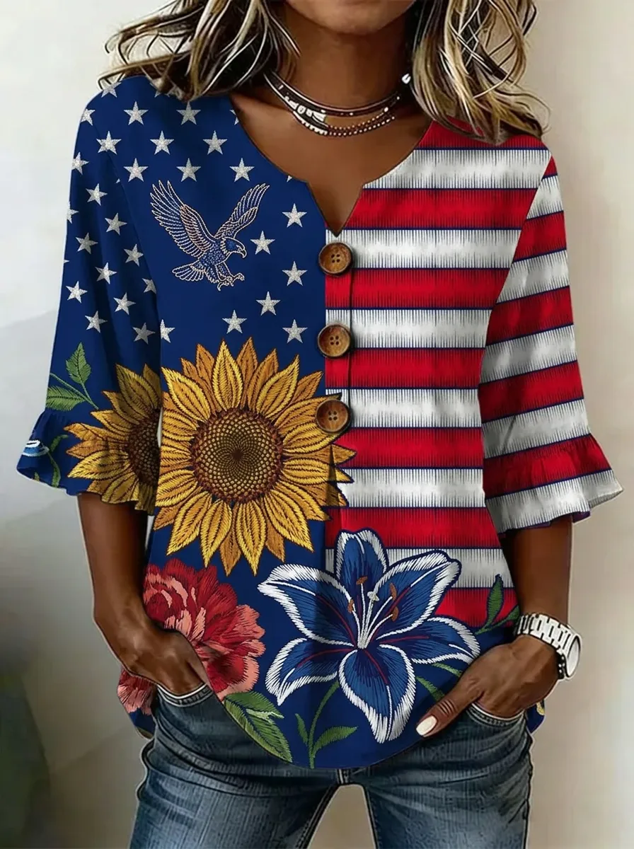 Women's Nashville USA Flag Sunflower Eagle Printed V-Neck Top