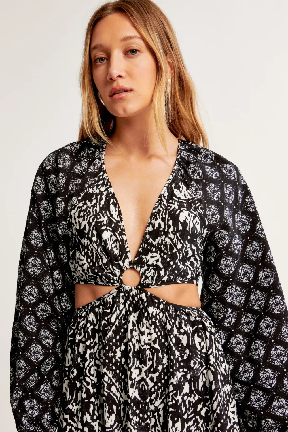 Long-Sleeve Plunge Cutout Maxi Dress