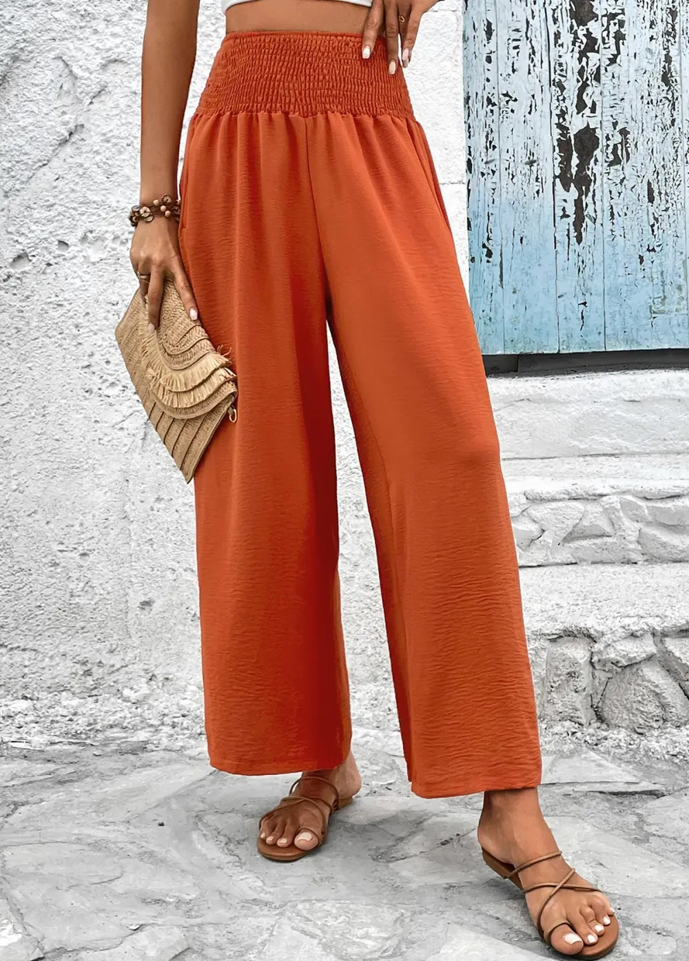 Brick Red Smocked Elastic Waist High Waisted Pants