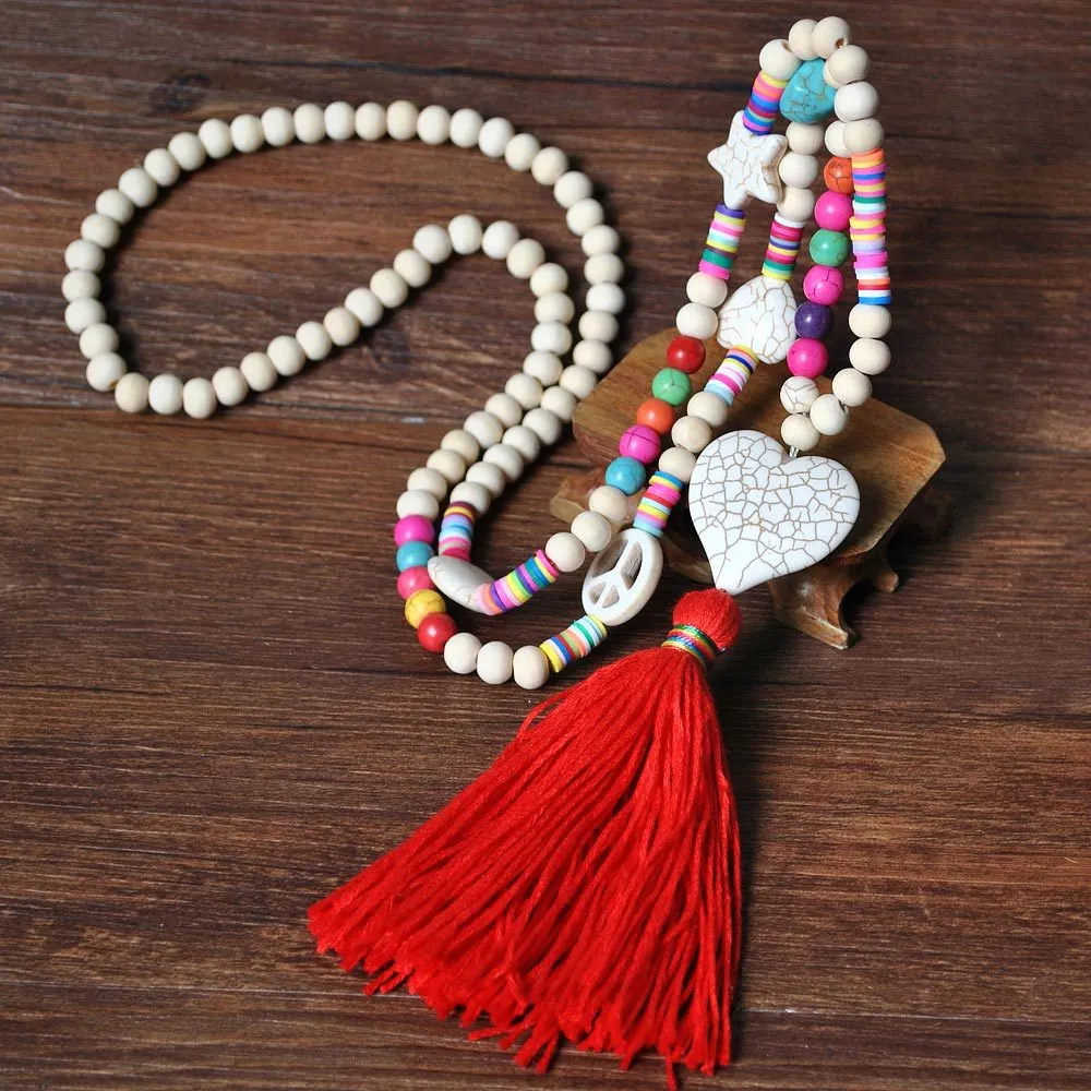Boho Linen Dress Pendant Fringed Sweater Necklace