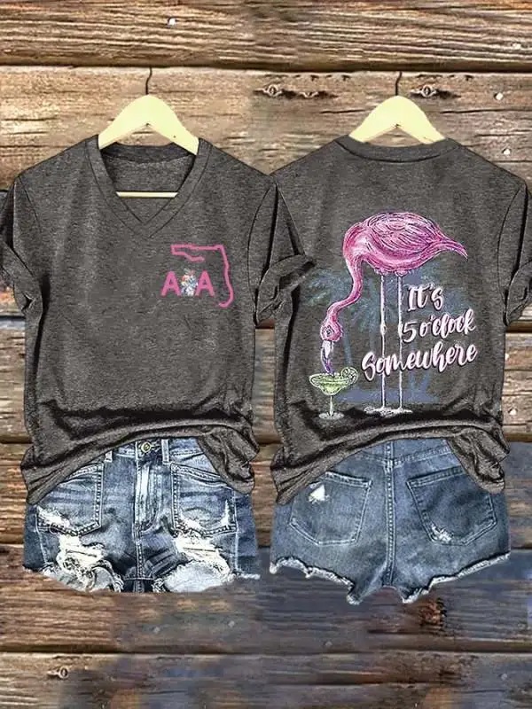 V Neck Retro Florida Road Flamingo Beach Go All The Way Wrinkles Only Go Where Smiles Have Been Print T-Shirt