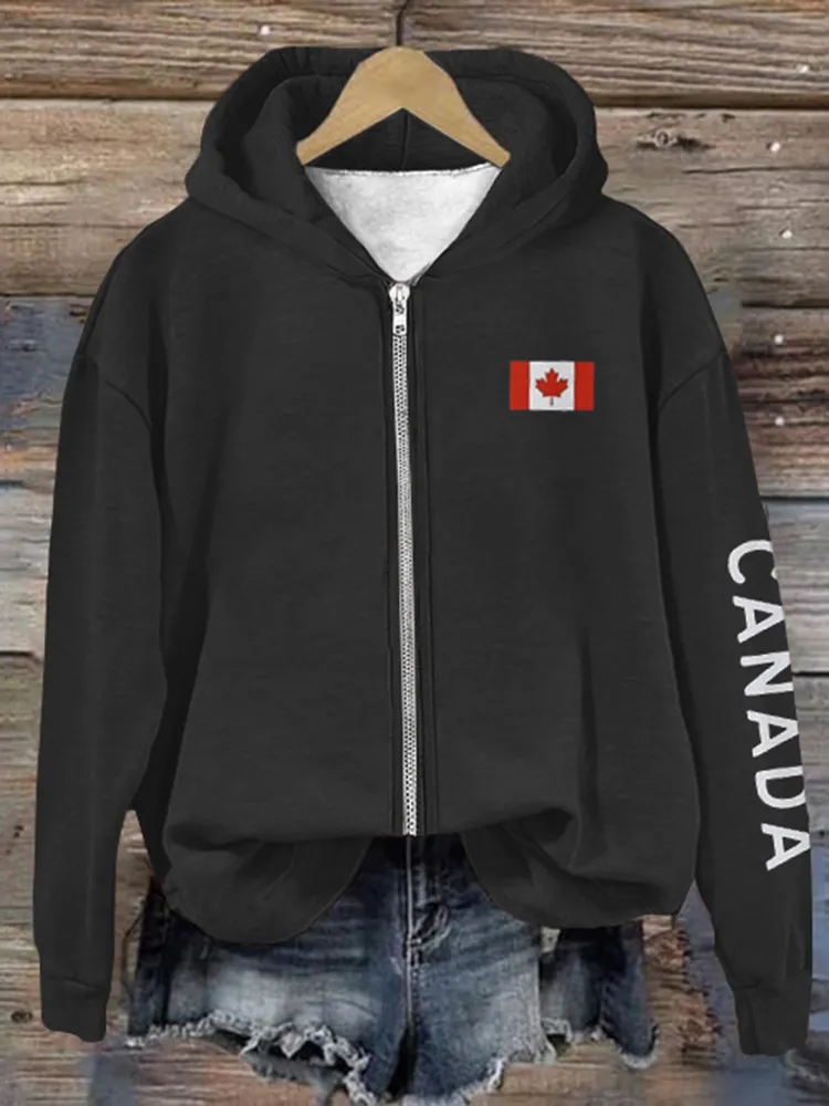 Women's Canadian Flag Print Casual Zip Hoodie