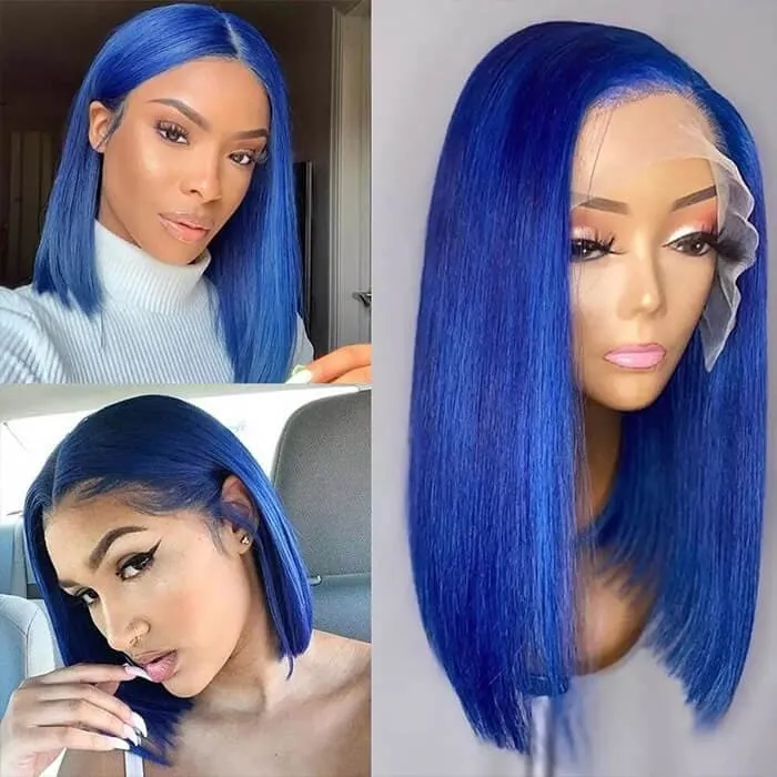 Sterly Dark Blue Wig Straight Colored Short Bob Transparent Frontal Lace Wig Human Hair