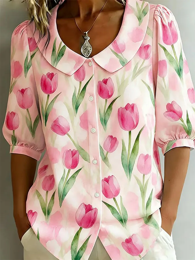 Women'S Flower Art Sleeves Doll Collar Cotton Hemp Shirt