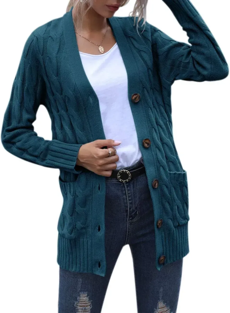 MEROKEETY Women's 2024 Fall Long Sleeve Cable Knit Sweater Open Front Cardigan Button Loose Outerwear