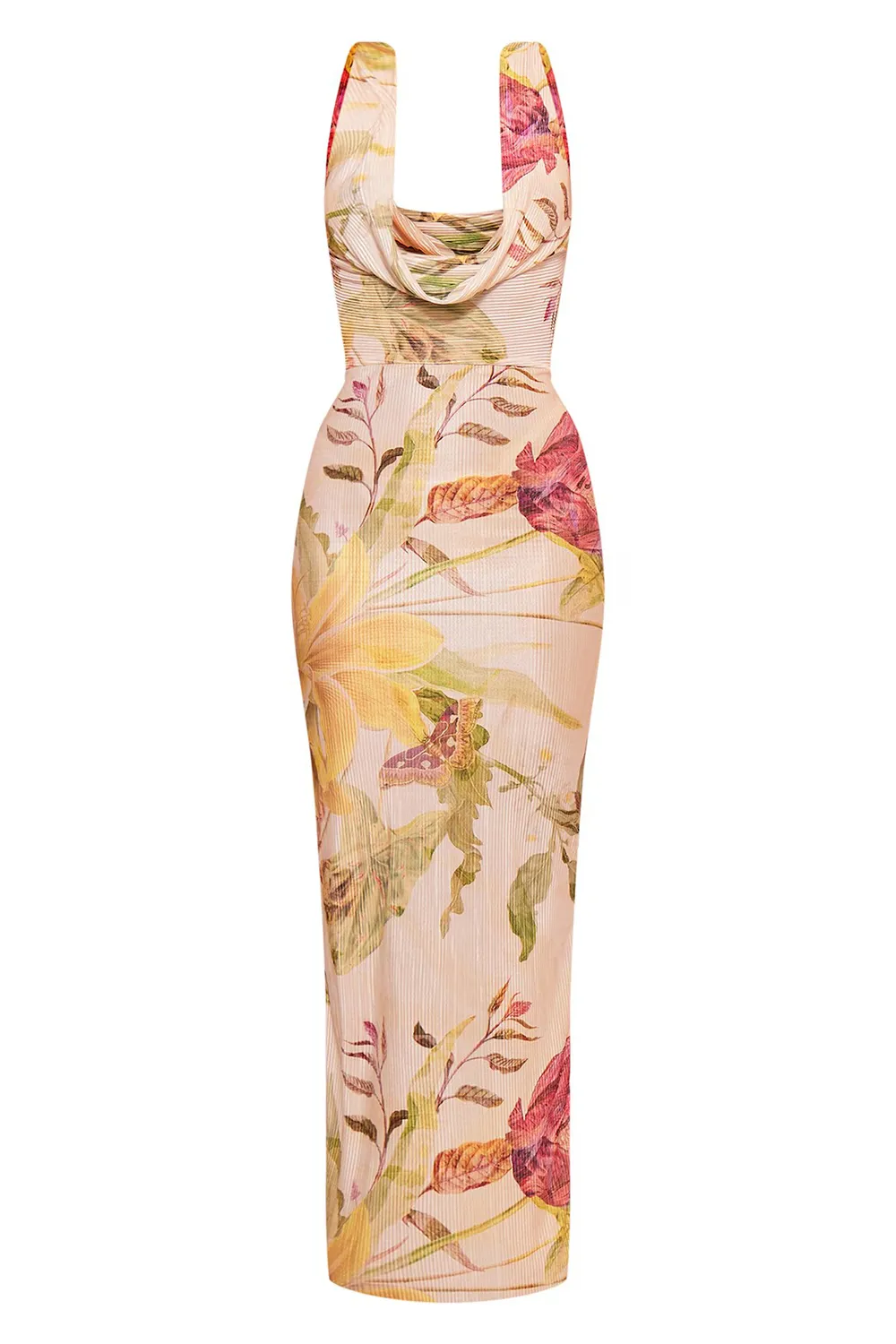 Orange Abstract Print Plisse Cowl Plunge Maxi Dress