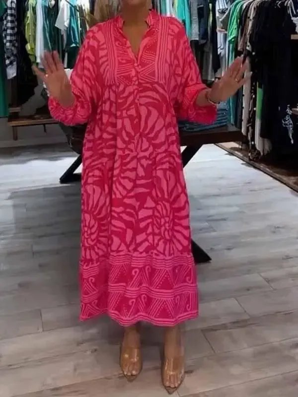 Women's Elegant Maxi Dress Plus Size V-neck Printed Loose Dress