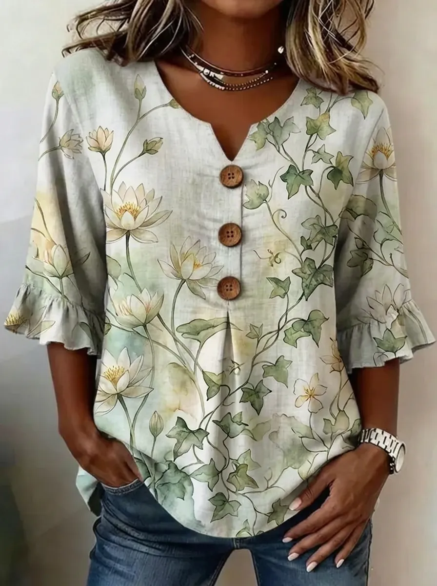 Women's Nashville Floral Lotus Printed Button-Up Ruffle Top