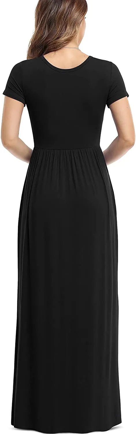 Women's Short Sleeve Loose Plain Maxi Dresses Casual Long Dresses with Pockets
