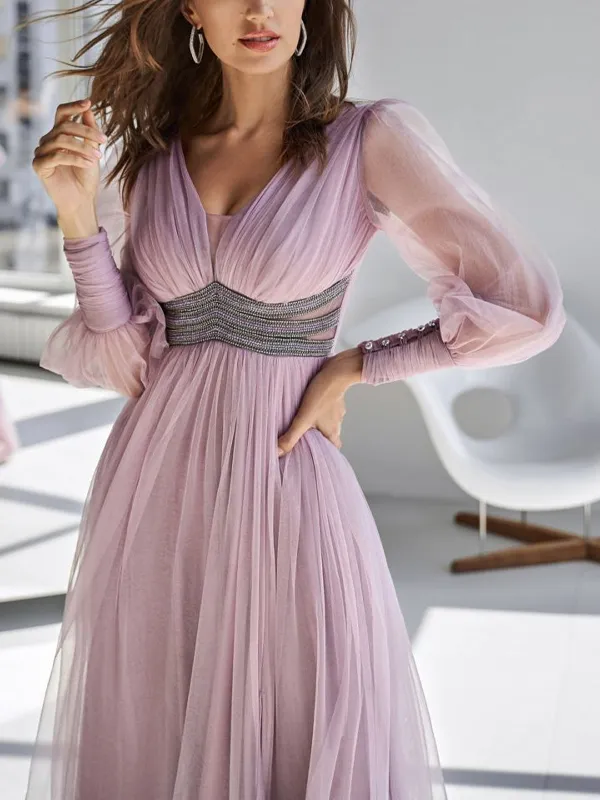 V-neck Solid Color Sequin Dress