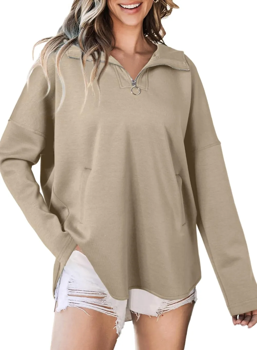 Women's Oversized Hoodies Casual Long Sleeve Half Zipper Pocket Sweatshirt Pullover Tops