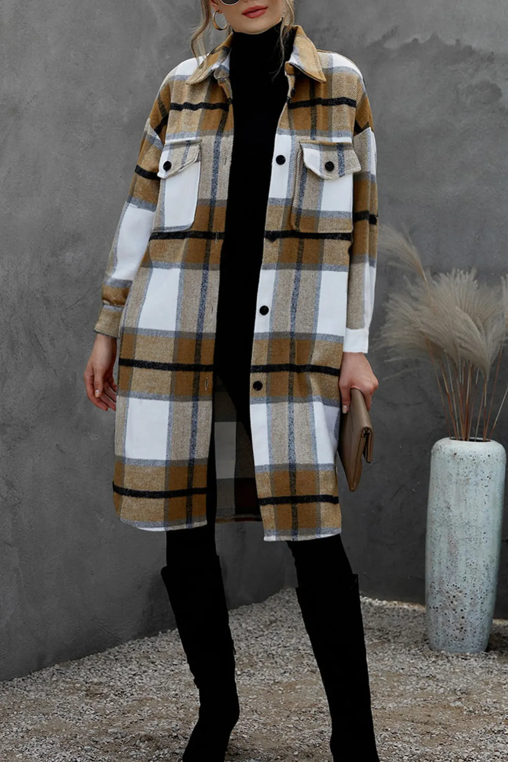 Khaki Turn-down Collar Pocket Button Plaid Coat