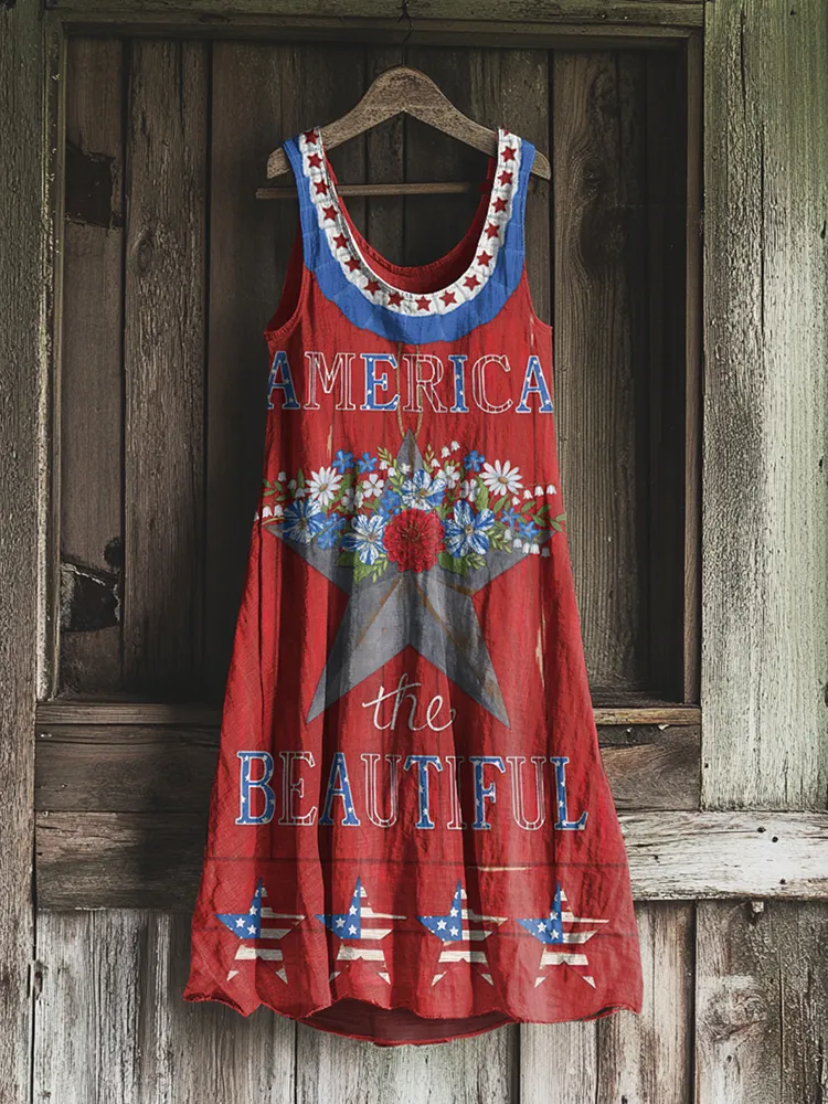 Women's Independence Day Floral Pattern Cotton And Linen Dress