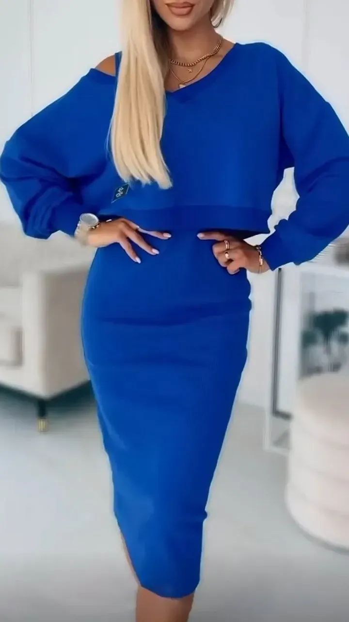 Women's V-neck Solid Color Casual Dress Suit