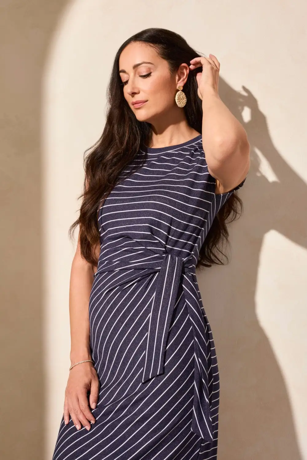 Waist Tie Nautical Striped French Terry Dress-Jet Blue