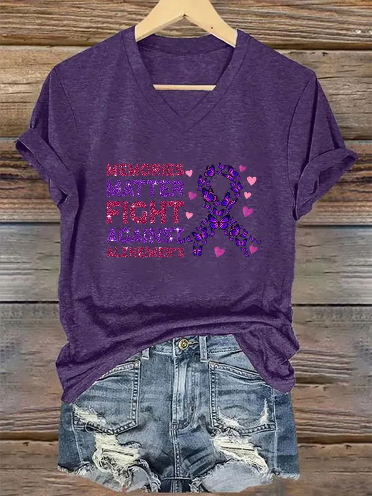 Women's Alzheimer's Print Casual V-Neck T-Shirt