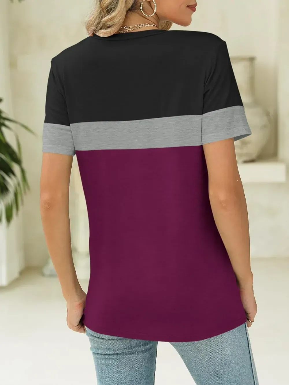 ORANDESIGNE Women's Color Block Short Sleeve T Shirts Casual V Neck Summer Tops Tees Loose Fit Blouses