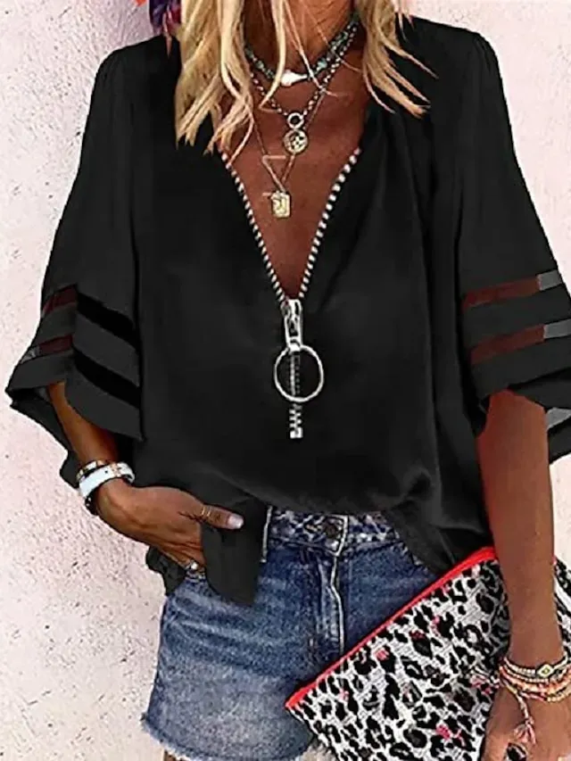 Women's Shirt Blouse Black White Yellow Plain Striped Zipper 3/4 Length Sleeve Daily Holiday Basic Business Casual V Neck S